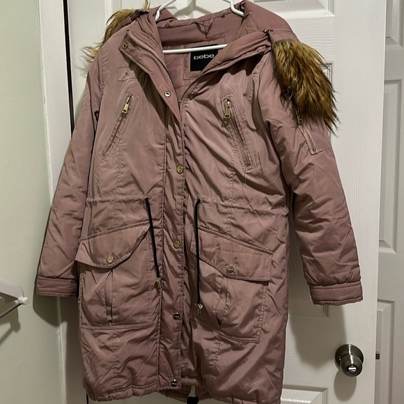Bebe - Women’s Pink/Mauve Parka Coat Fur Hood - Picture 13 of 14